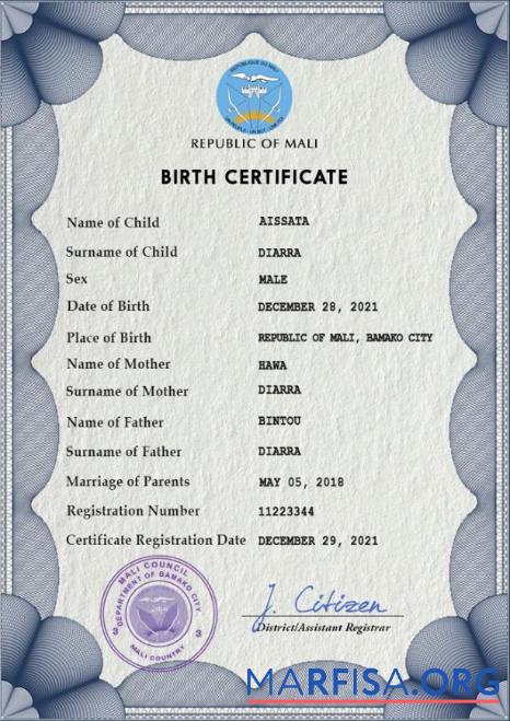 Realistic Mali birth certificate PSD template